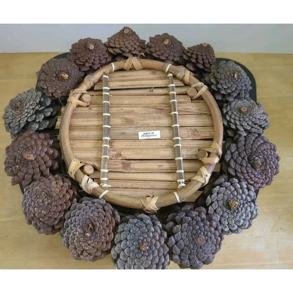 Round Bamboo Basket With Pine Cones And Handles 12 Inches Made In Philippines